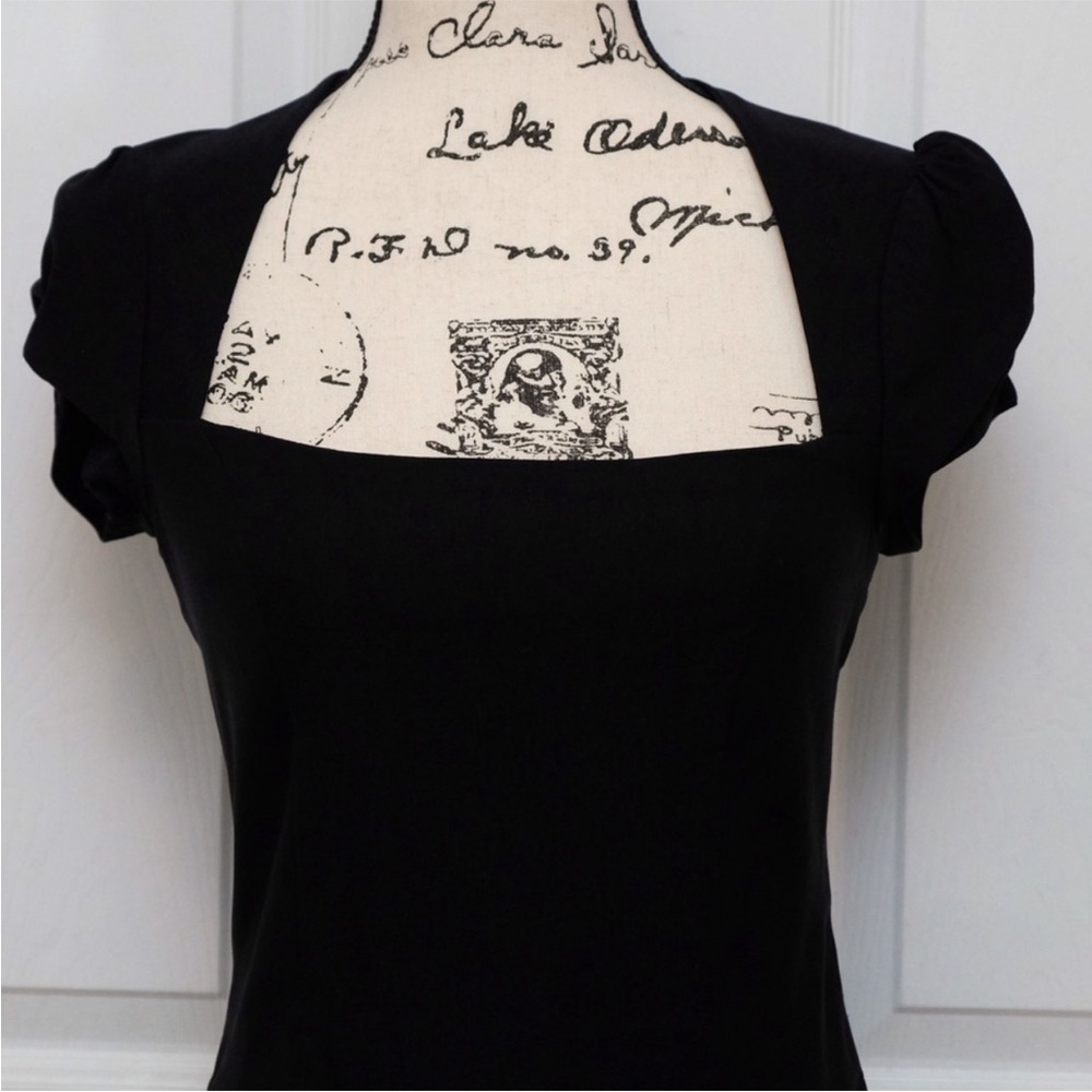 Lovely Day Black Square Neck Mini Dress Puff Sleeve 90s Minimal LBD Size L - Picture 8 of 9